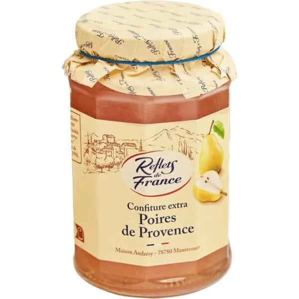 Jar of Reflets de France pear jam on a white background