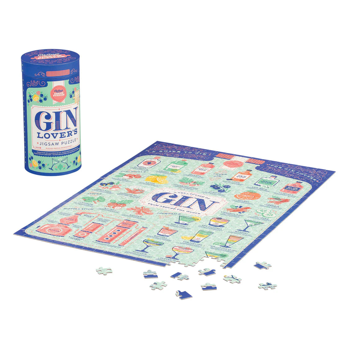 Gin-themed puzzle with pieces and packaging on a white background