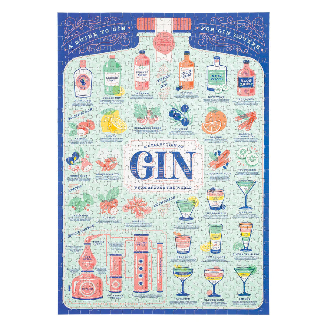 puzzle with colorful illustrations of gin bottles and cocktails on a white background