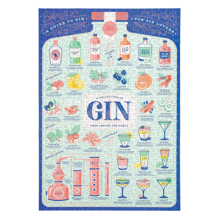 puzzle with colorful illustrations of gin bottles and cocktails on a white background