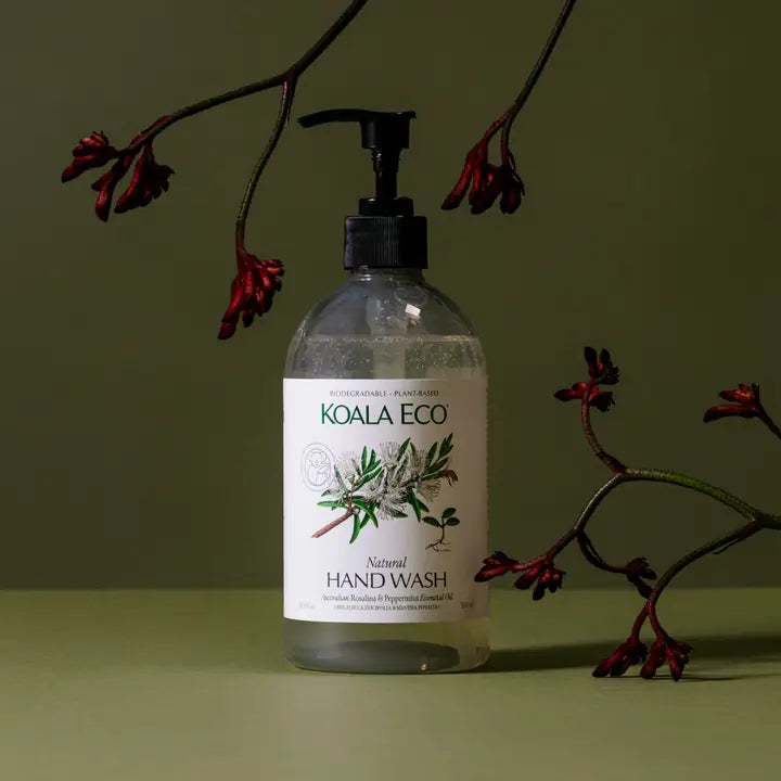 Koala Eco natural hand wash bottle with a label on a green background