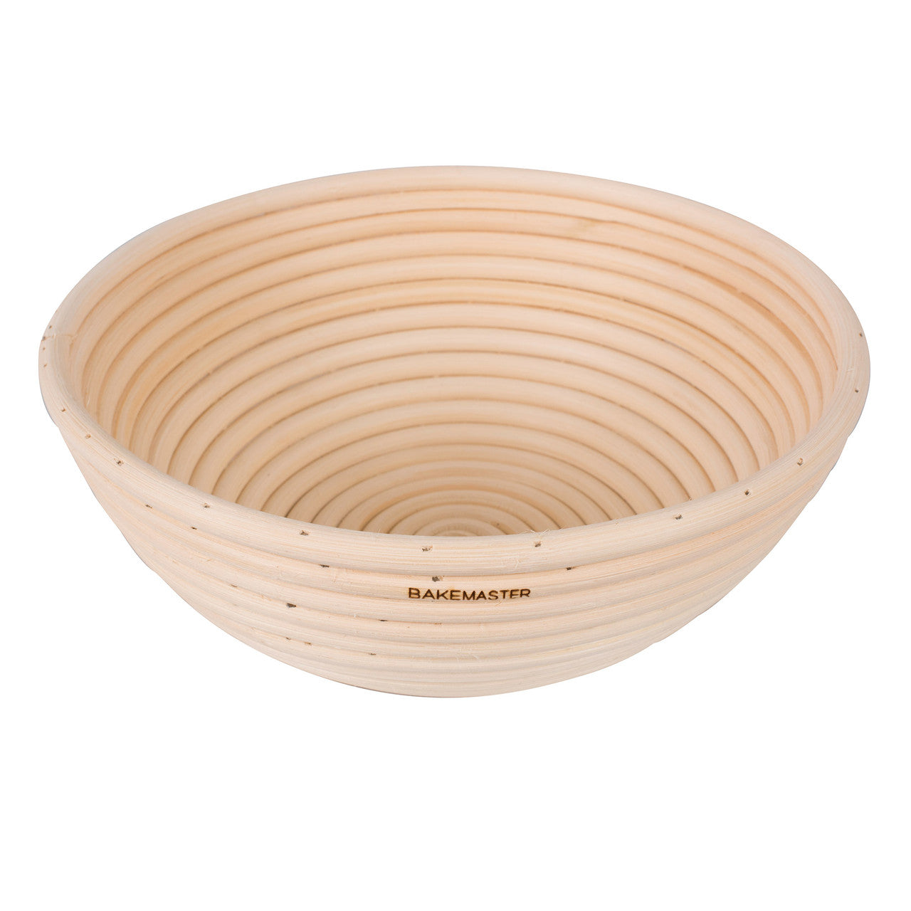 Banneton bread proofing basket with 'Bakemaster' branding on a white background