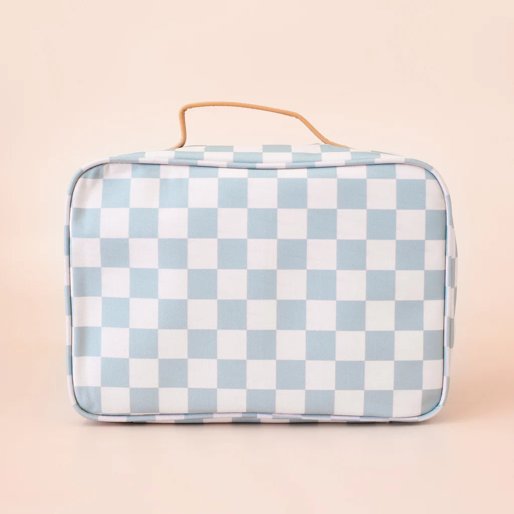 Checkered lunch bag with a handle on a beige background