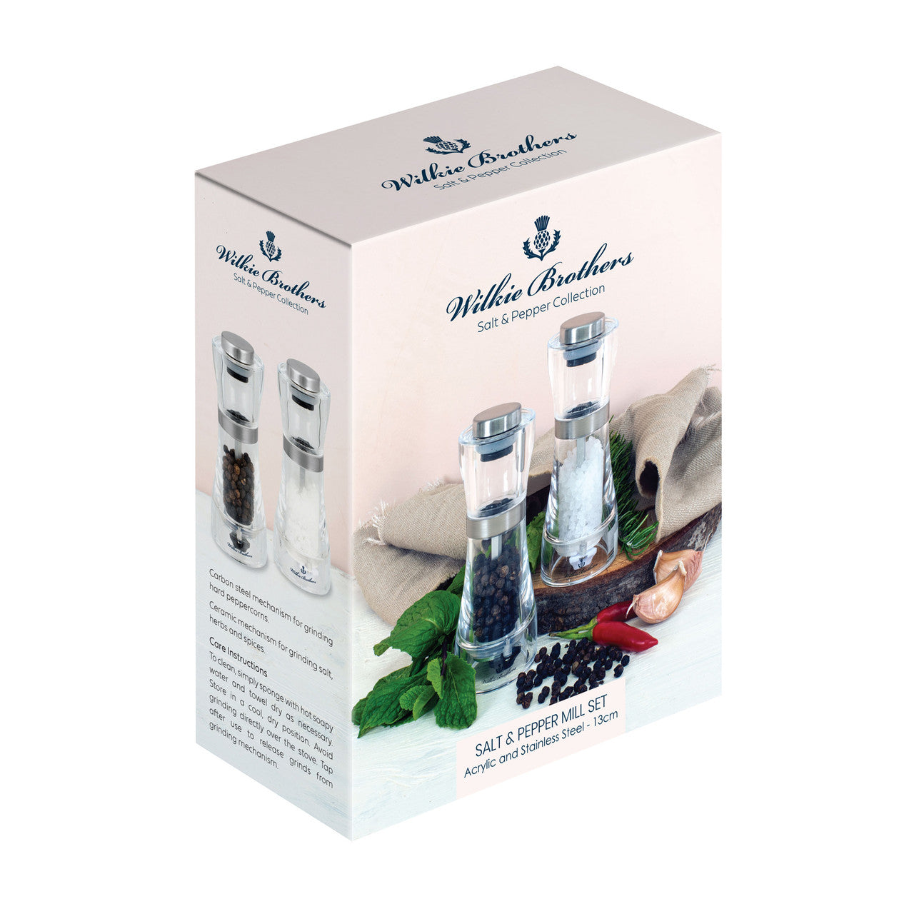Wilkie Brothers salt and pepper mill set packaging on a white background