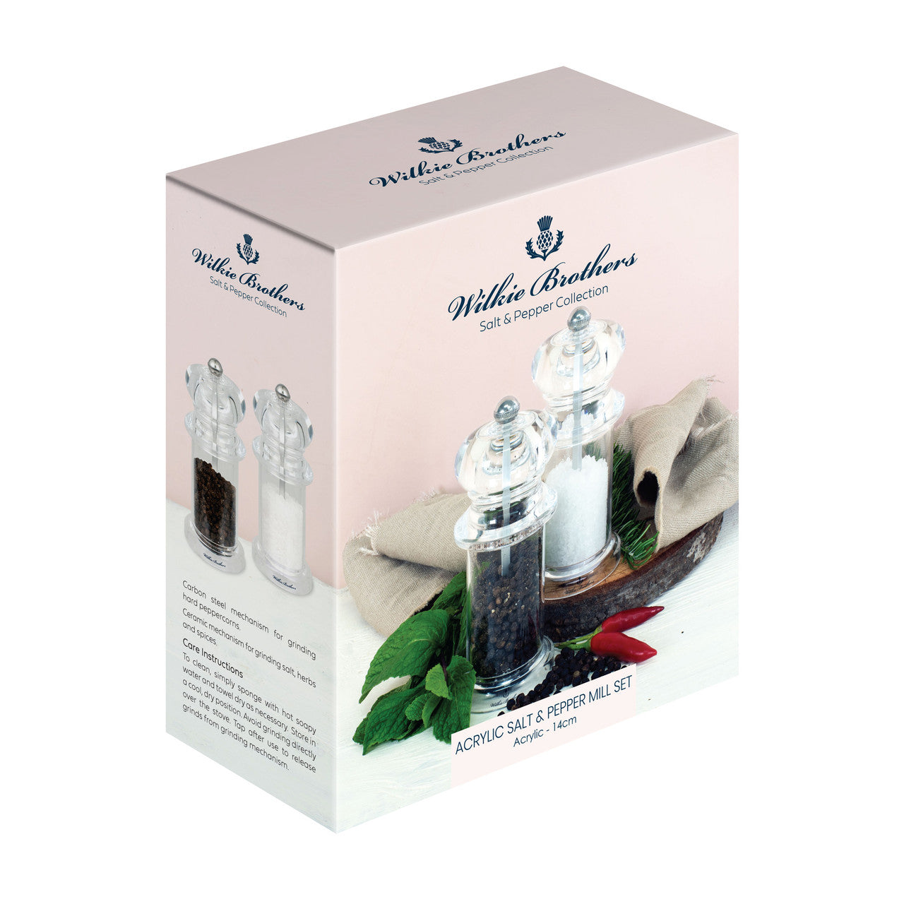 Wilkie Brothers salt and pepper set packaging on a white background