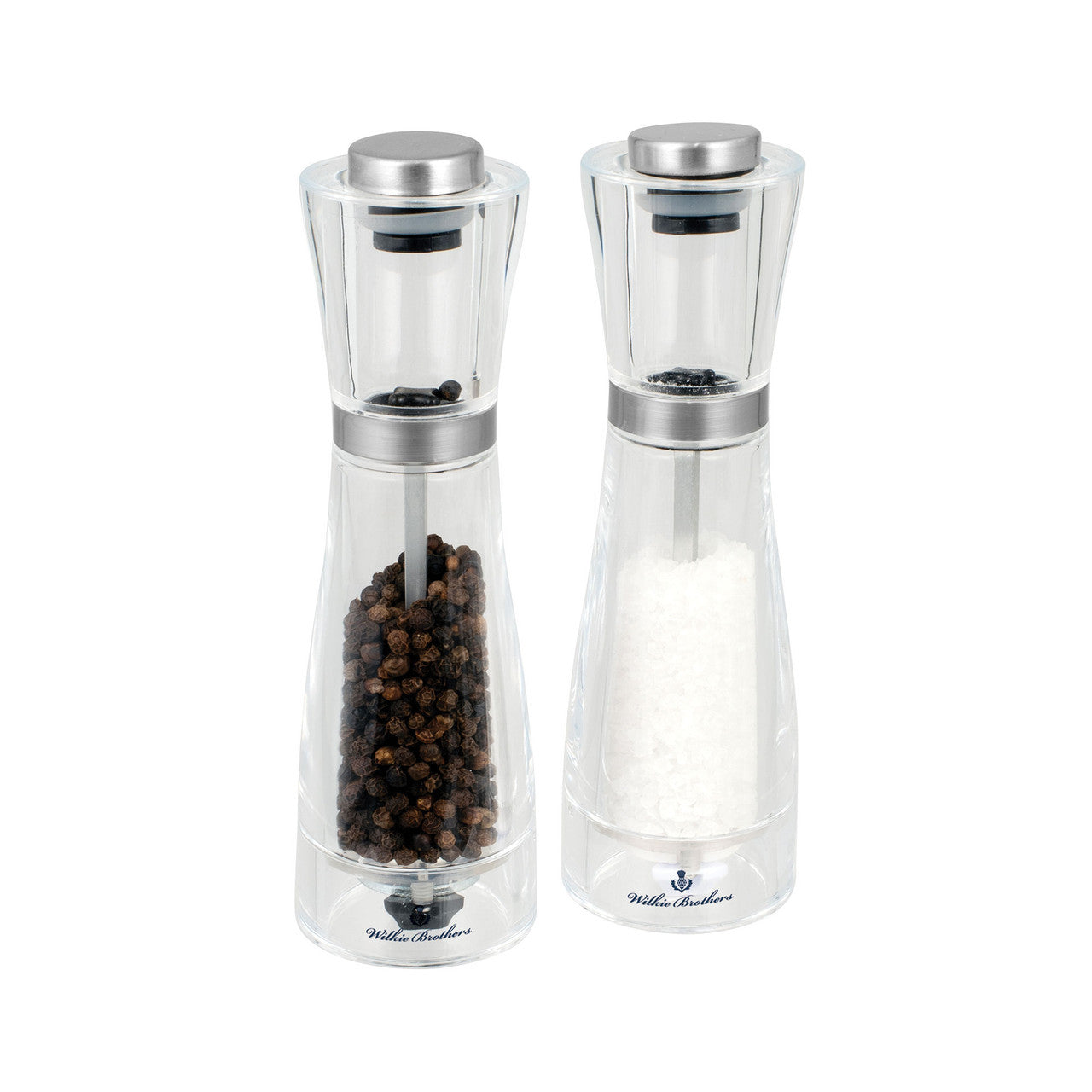 Clear pepper mill and salt shaker set with silver tops on a white background
