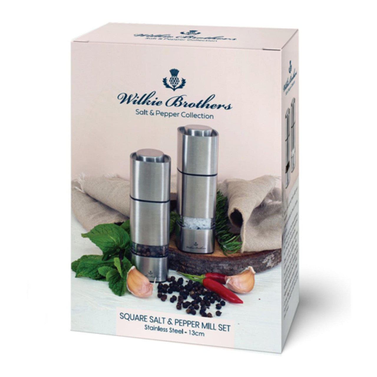 Wilkie Brothers salt and pepper mill set packaging on a white background