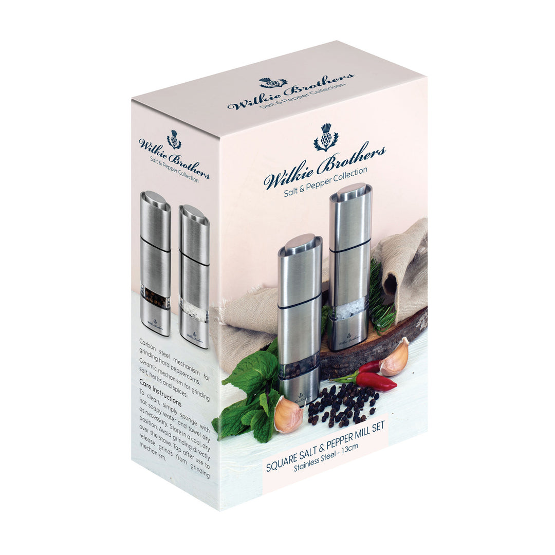 Wilkin Brothers salt and pepper mill set packaging on a white background