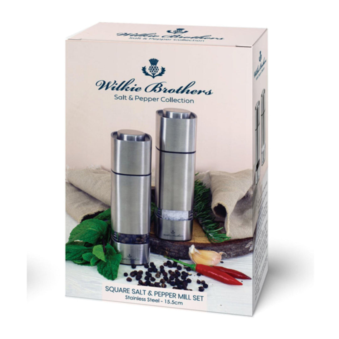 Wilkie Brothers salt and pepper mill set packaging on a white background