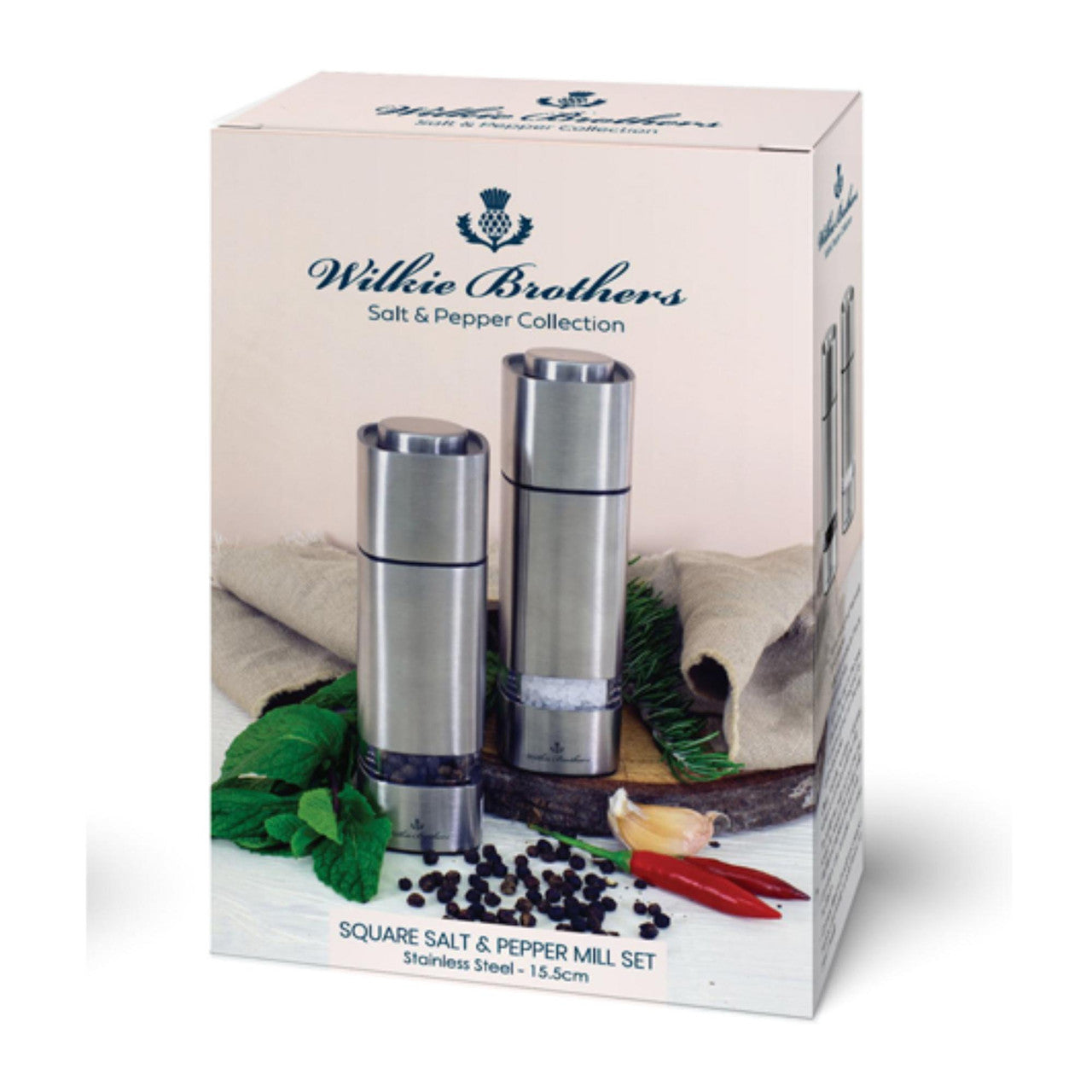 Wilkie Brothers salt and pepper mill set packaging on a white background