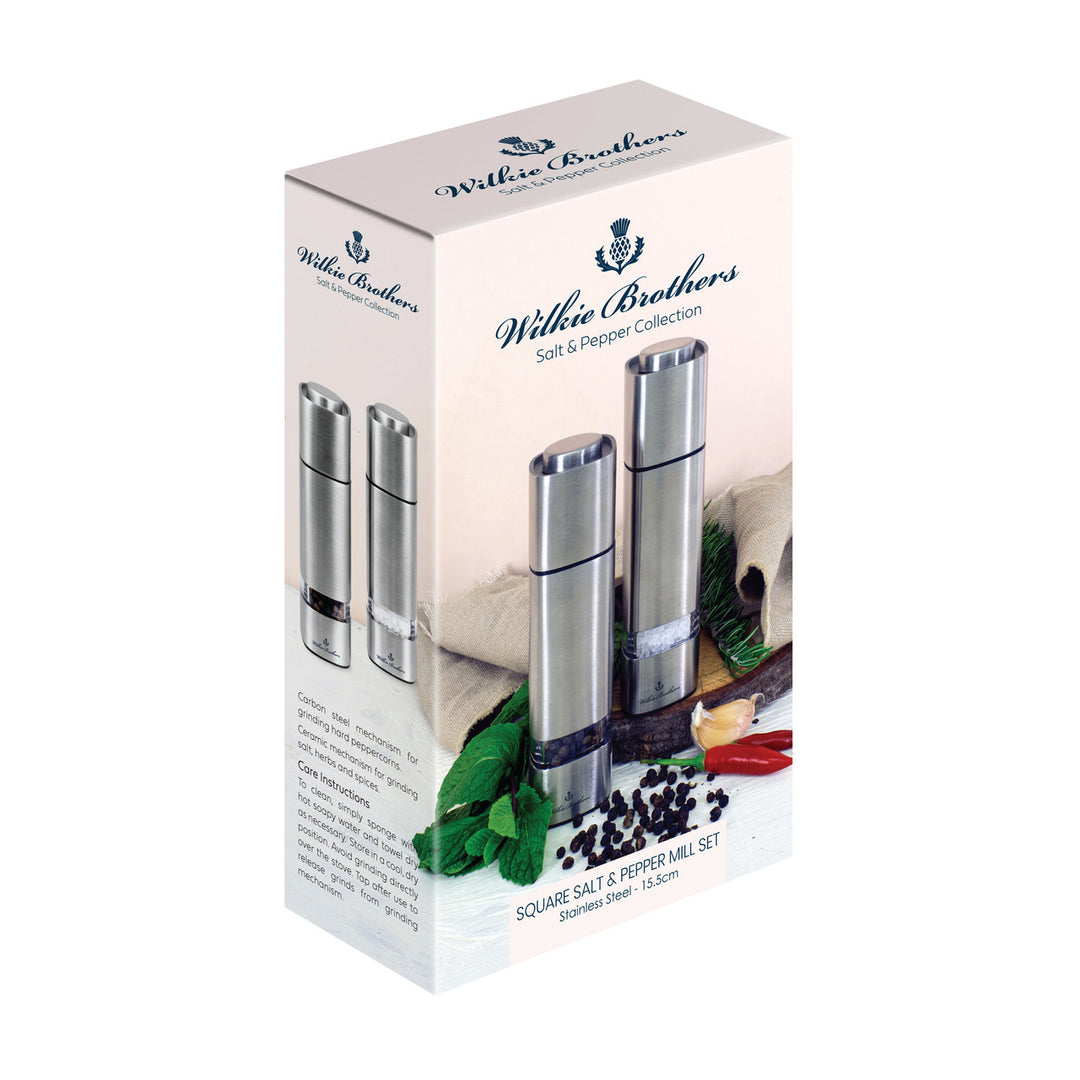 Wilkie Brothers salt and pepper mill set packaging on a white background