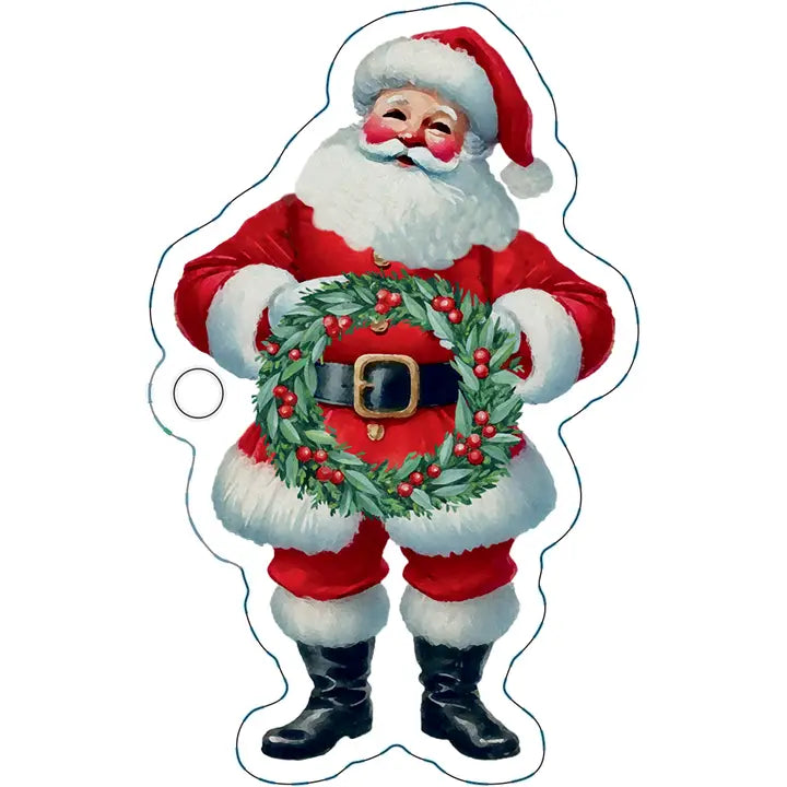 Illustration of Santa Claus holding a Christmas wreath gift tag  on a white background
