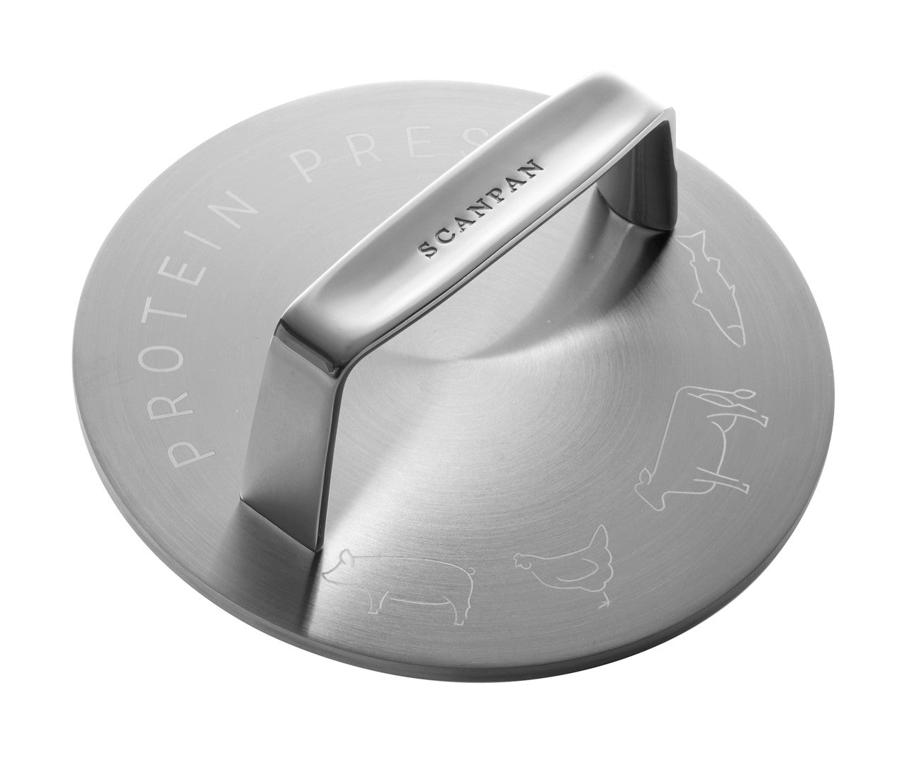 Silver protein press with 'Scanpan' branding on a white background