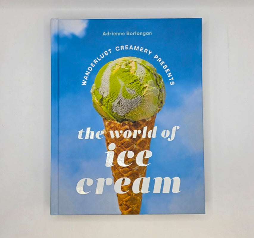 Book cover of 'The World of Ice Cream' by Adrienne Barlongan with a green ice cream cone against a blue sky.