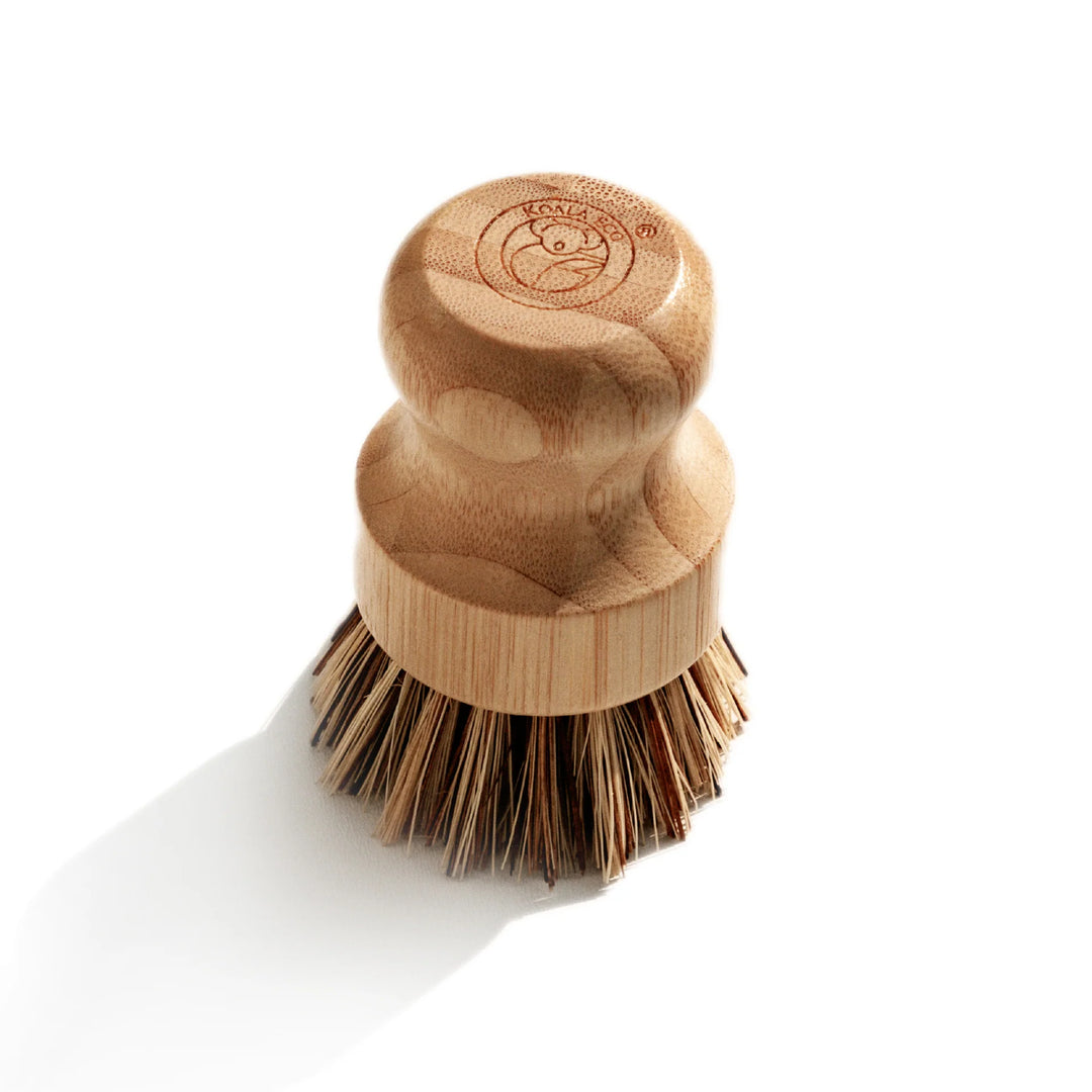 Wooden dish brush with bristle head on a white background