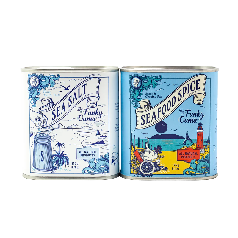 Two tins of 'Sea Salt' and 'Seafood Spice' by Funky Ouma on a white background.