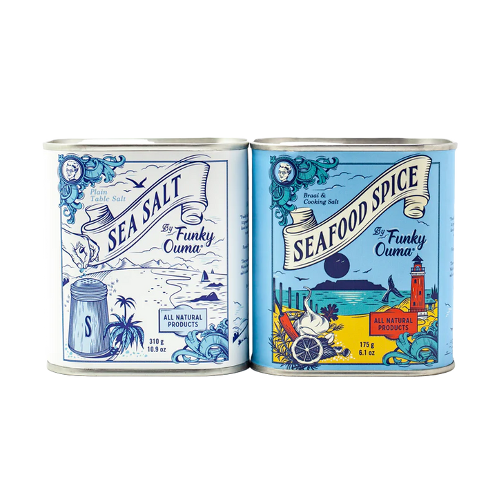 Two tins of 'Sea Salt' and 'Seafood Spice' by Funky Ouma on a white background.