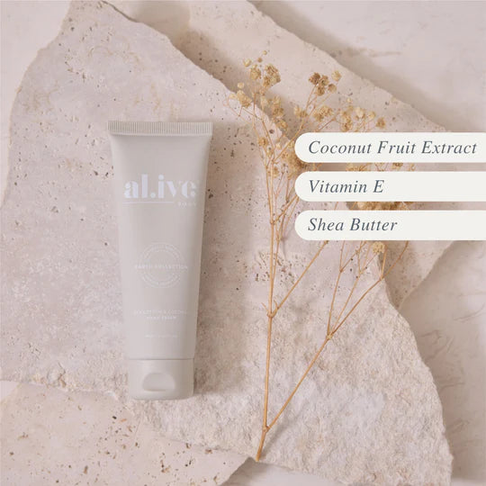 Tube of 'alive' cream on a textured beige background with text listing ingredients.