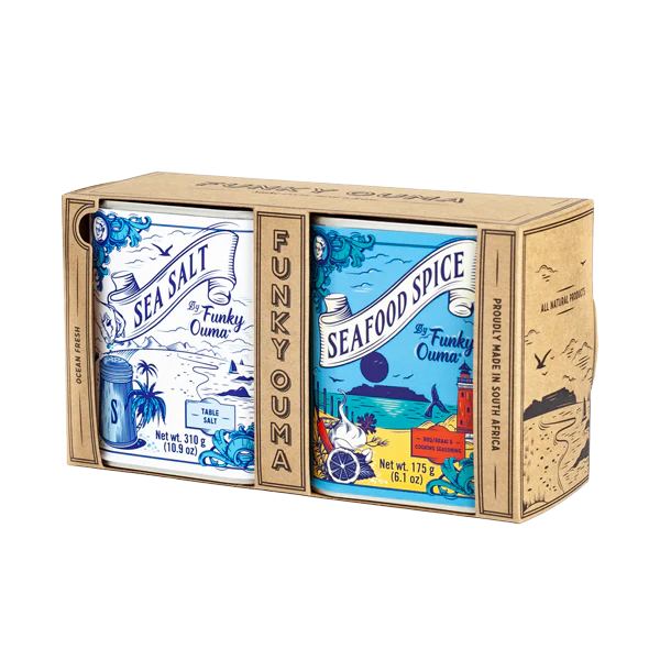 Two spice containers with decorative labels in cardboard packaging, featuring the brand 'Funky Ouma'.
