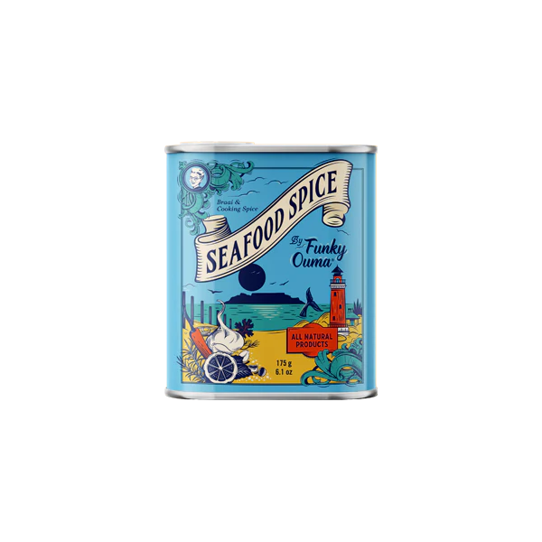 Tin of Seafood Spice with colourful label on a white background