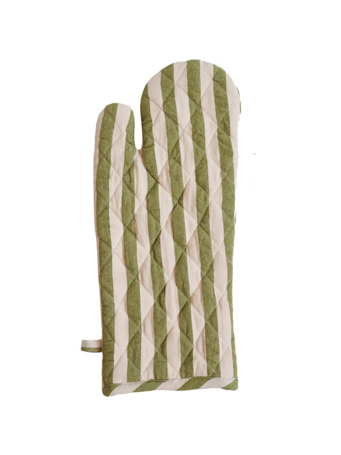 Green and white stripe oven mitt on white background