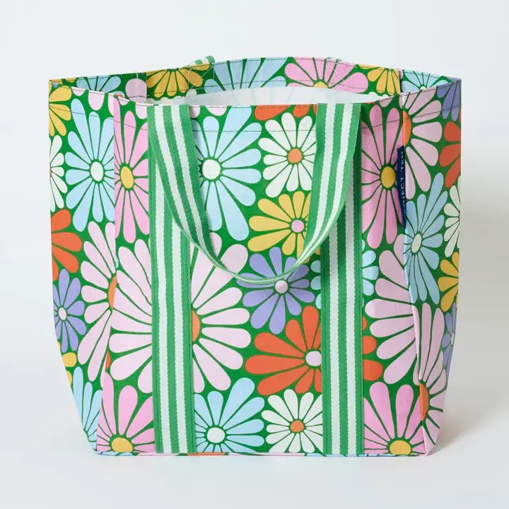 Colorful floral-patterned tote bag on a white background