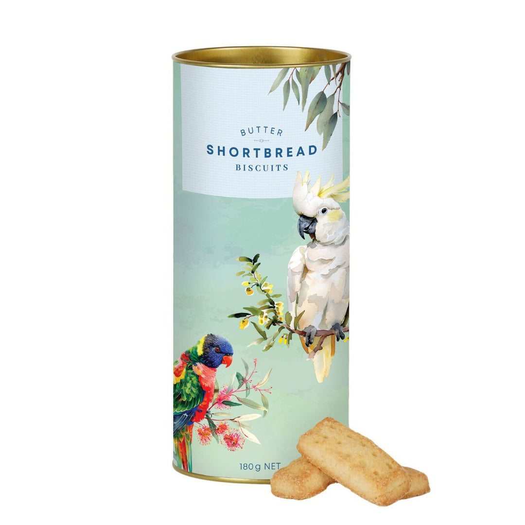 Cylindrical container of butter shortbread biscuits with parrot illustration on a white background