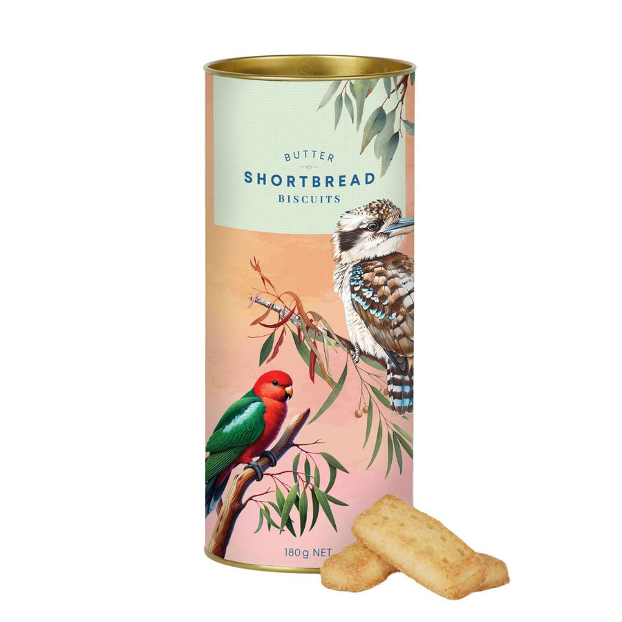 Shortbread next to a tube with Australian birds on it on a white background