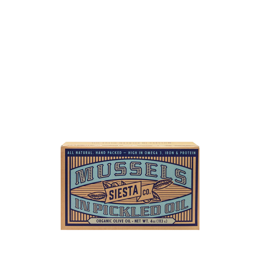 Box of Mussels in Pickled Oil from Siesta Co on a white background