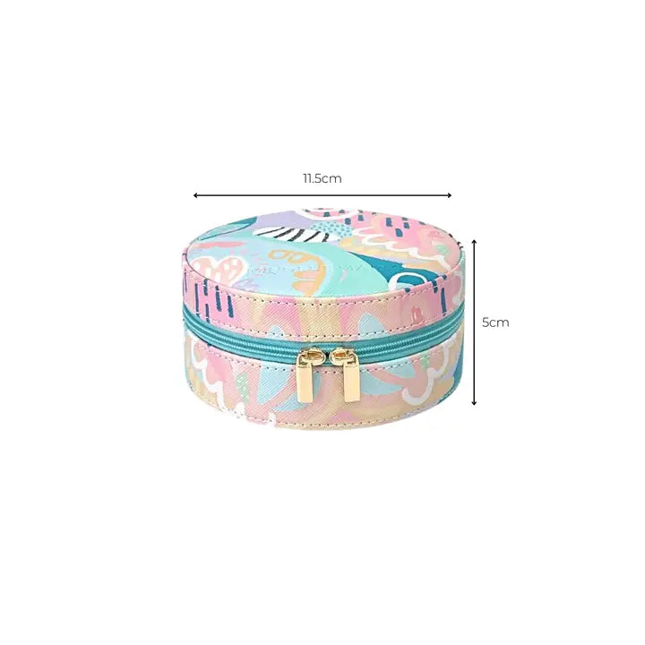 Round jewelry box with butterfly design and measurements on a white background