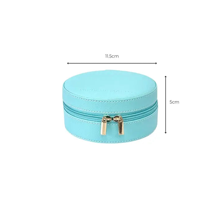 A light blue round zippered jewelry box shown on a white background with dimension lines indicating a width of 11.5cm and height of 5cm.