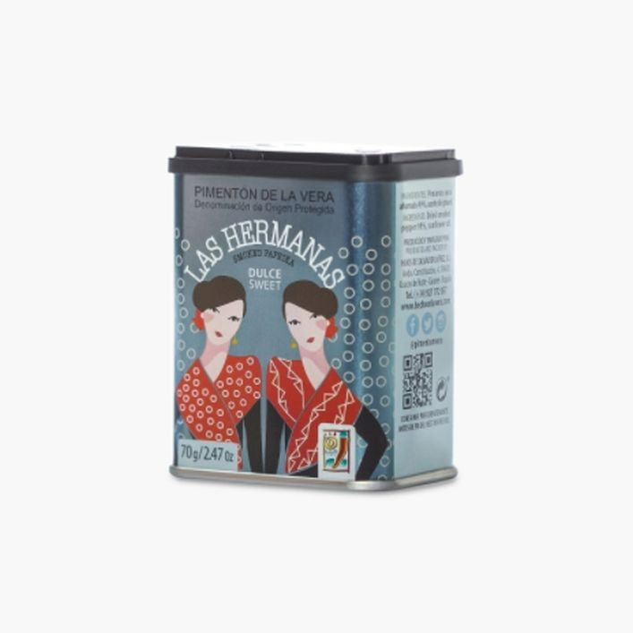 Tin of Spanish sweet smoked paprika on white background