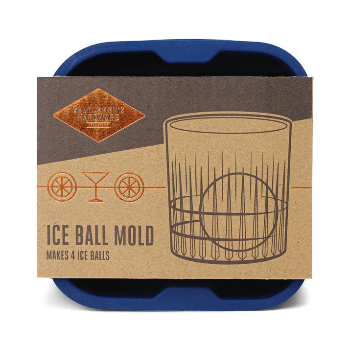 Blue ice ball mold with cardboard packaging on a white background