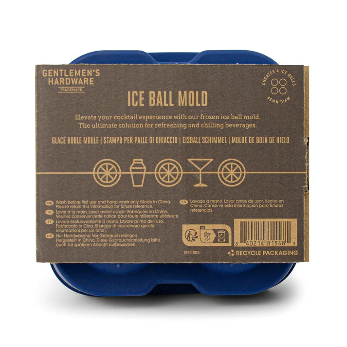 Blue ice ball mold with packaging displaying 'Gentlemen's Hardware' branding.