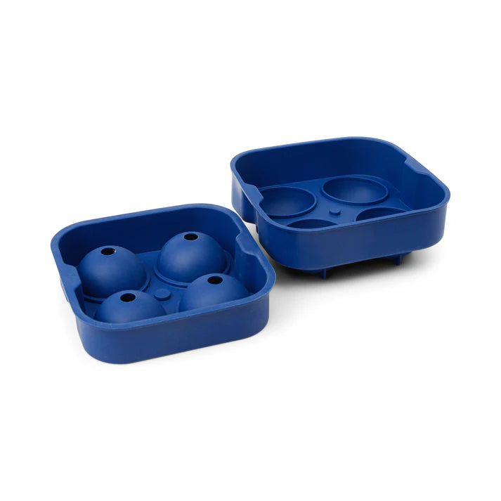Two blue silicone ice cube trays on a white background