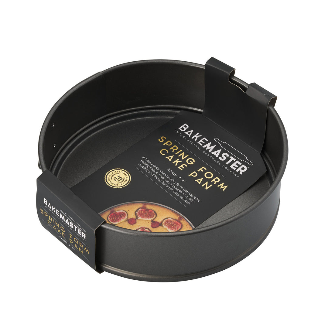 Black springform cake pan with Bakemaster branding on a white background