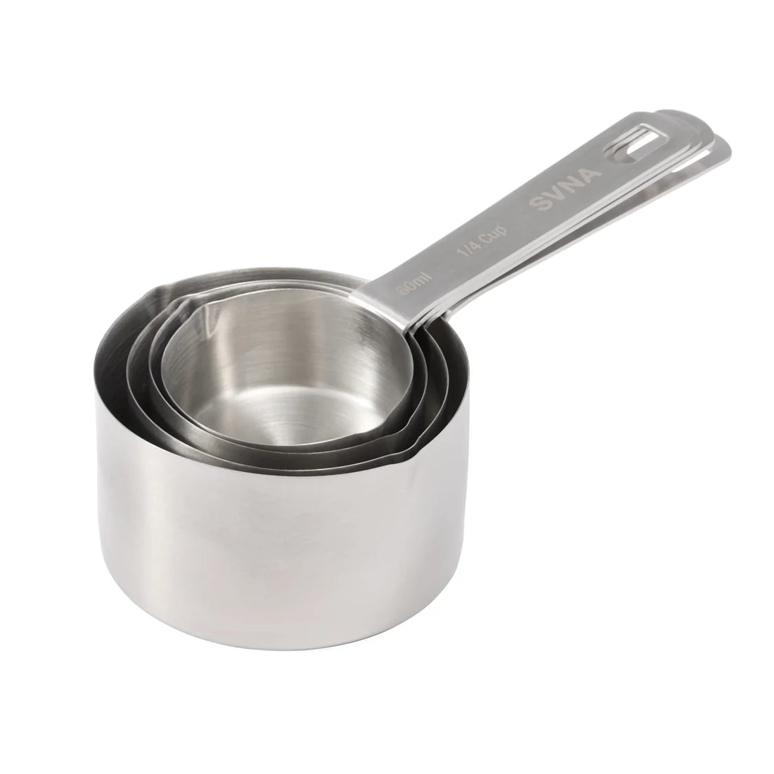 Set of stainless steel measuring cups with handles on a white background