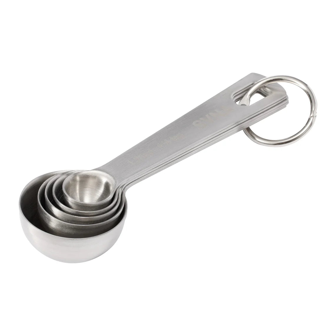 Set of stainless steel measuring spoons on a white background
