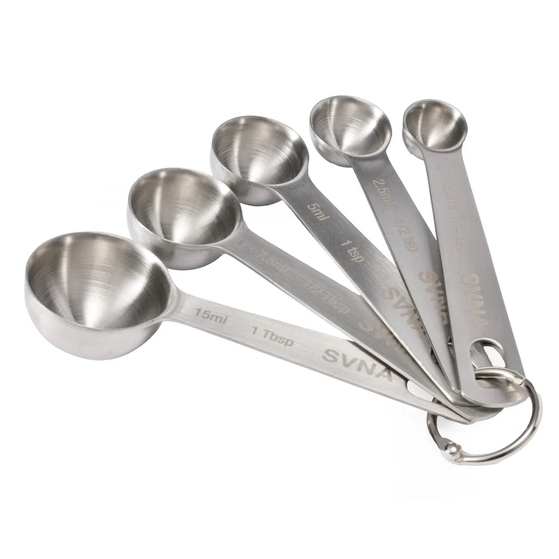 Set of stainless steel measuring spoons withSVNA branding on a white background
