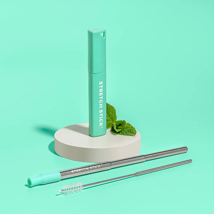 Reusable stretch stick cover, straw &amp; cleaning brush on a green background