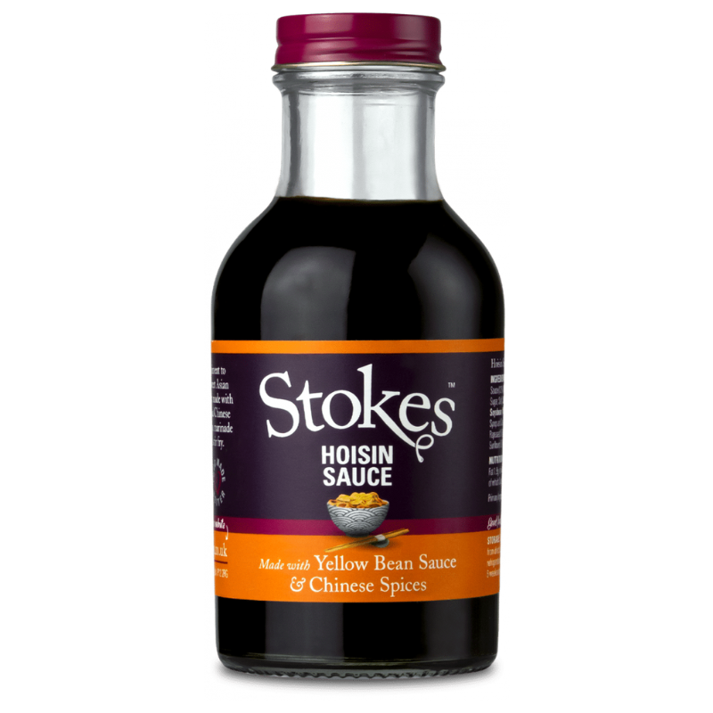 A bottle of Stokes hoisin sauce on white background