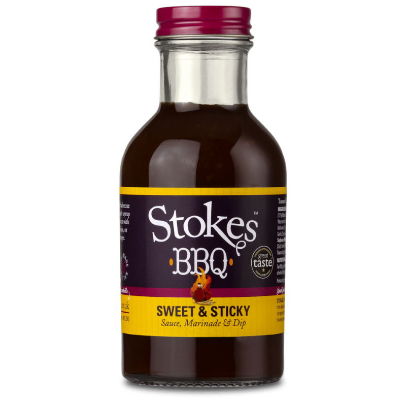 Bottle of Stokes BBQ Sweet & Sticky sauce on a white background