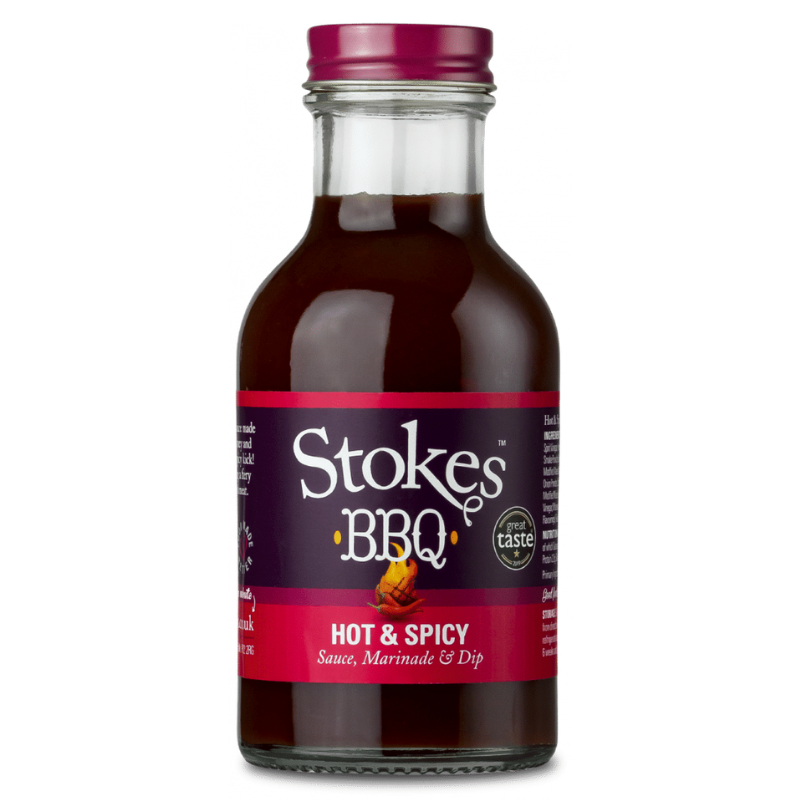 Bottle of Stokes BBQ Hot & Spicy sauce on a white background