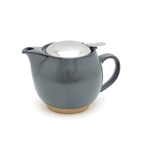 Gray ceramic teapot with a silver lid on a white background