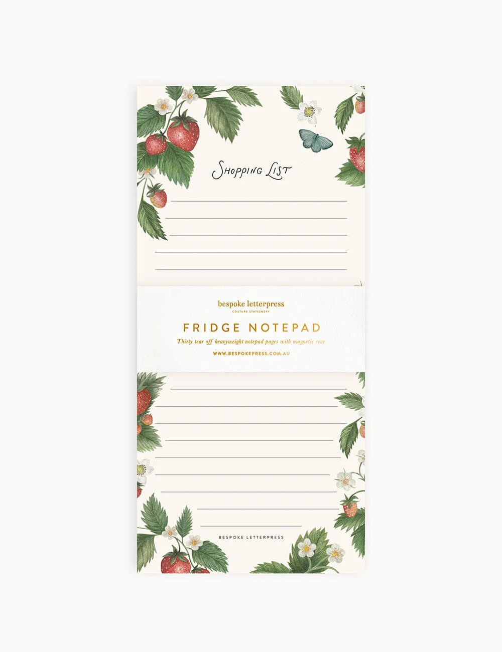 Fridge notepad with fruit and leaf design on a white background