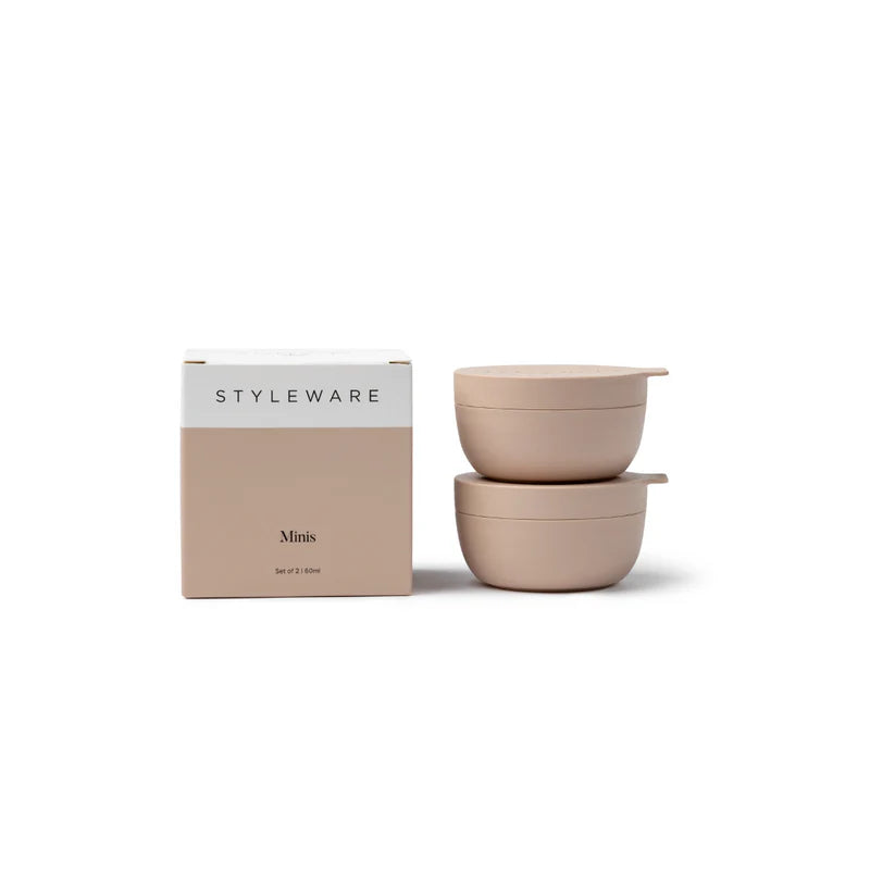 Two beige bowls with a Styleware packaging box on a white background