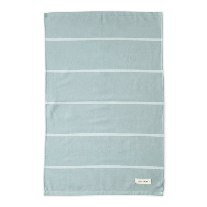 Light green tea towel with white stripes on a white background