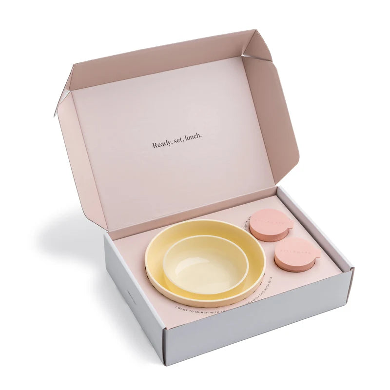 Set of yellow bowl and pink mini bowls in a box with &