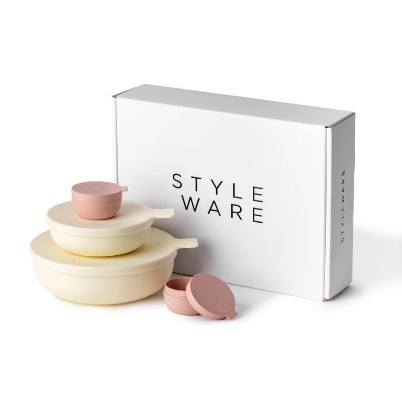 Set of pastel-colored bowls with a &