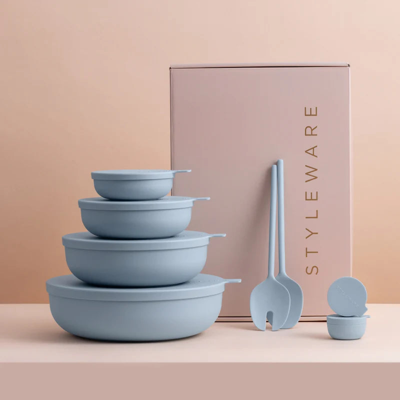 Set of blue bowls and utensils with &